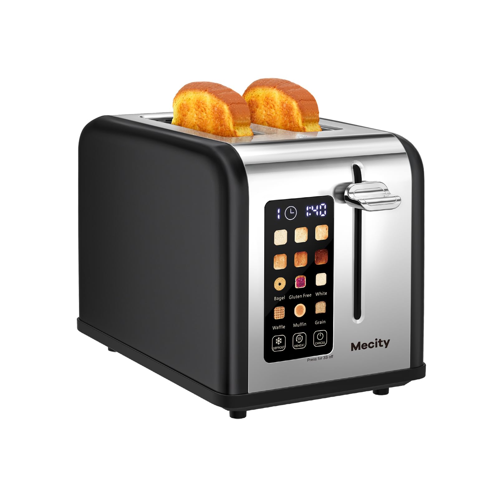 Mecity 2 Slice Touch Screen Toaster, 1.5" Wide Slot, Stainless Steel Smart Toaster for Bagels, Muffins, Waffles, Gluten-Free Breads, Defrost, Reheat, Timer, 120V 825W, Matt Black