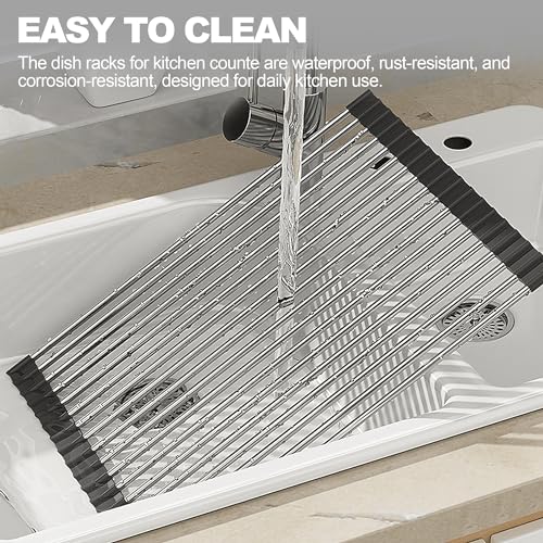 NEZUIBAN Dish Drying Rack with Roll Up and Over Sink for Kitchen,17.5"x15.7",Black