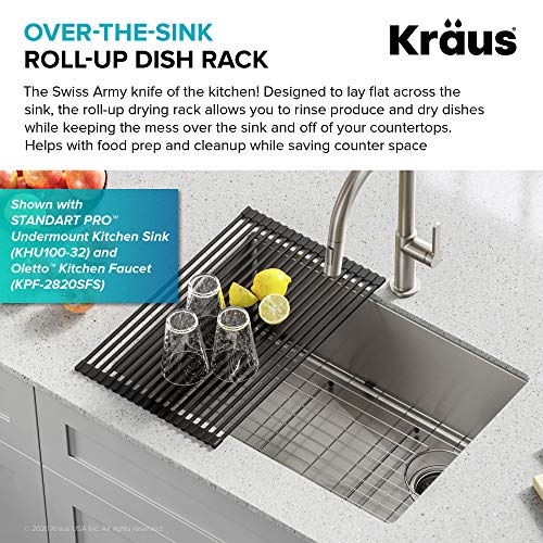 Kraus Multipurpose Over-Sink Roll-Up Dish Drying Rack, Colander and Trivet in Dark Grey, KRM-10DG
