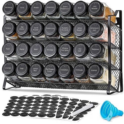 AOZITA Spice Rack Organizer for Cabinet, Spice Organizer with 28 Empty Spice Jars with Black Lids, Funnel, Spice
