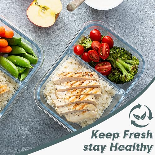 VERONES 10 Pack Glass Meal Prep Containers 2 Compartment Set, 30 OZ Airtight Glass Lunch Containers, Glass Food Storage Containers with Lids, for Microwave, Oven, Freezer & Dishwasher Friendly，Grey