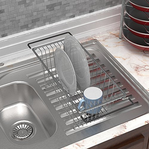 Simple Houseware Over Sink Counter Top Stainless Steel Dish Drainer Drying Rack, Chrome