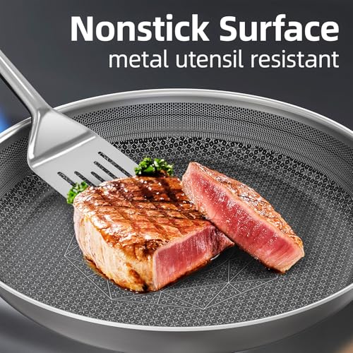 COOKER KING Stainless Steel Pans Set of 3 (8+10+12 Inch), Nonstick Induction Frying Pans,Chef's Pan,Skillets Dishwasher & Oven Safe, Stay-Cool Handles,Induction Compatible – Metal Utensil Safe
