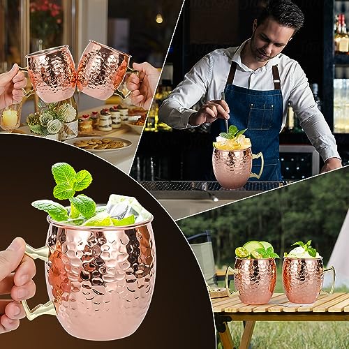 Amrules Moscow Mule Mugs Set of 4, 16 OZ Hammered Copper Cups with 304 Stainless Steel Lining and Gold Brass Handles, for Cold Drinks, Beer, Wine, Bars, Parties