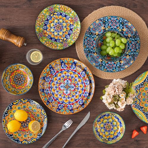 vancasso 12 Pieces Dinnerware Sets, Plates and Bowls Set, Porcelain Dishes Set for 4, Microwave and Dishwasher Safe, Scratch Resistant, Bohemian Style Dining Ware Service for 4, Series SIMI