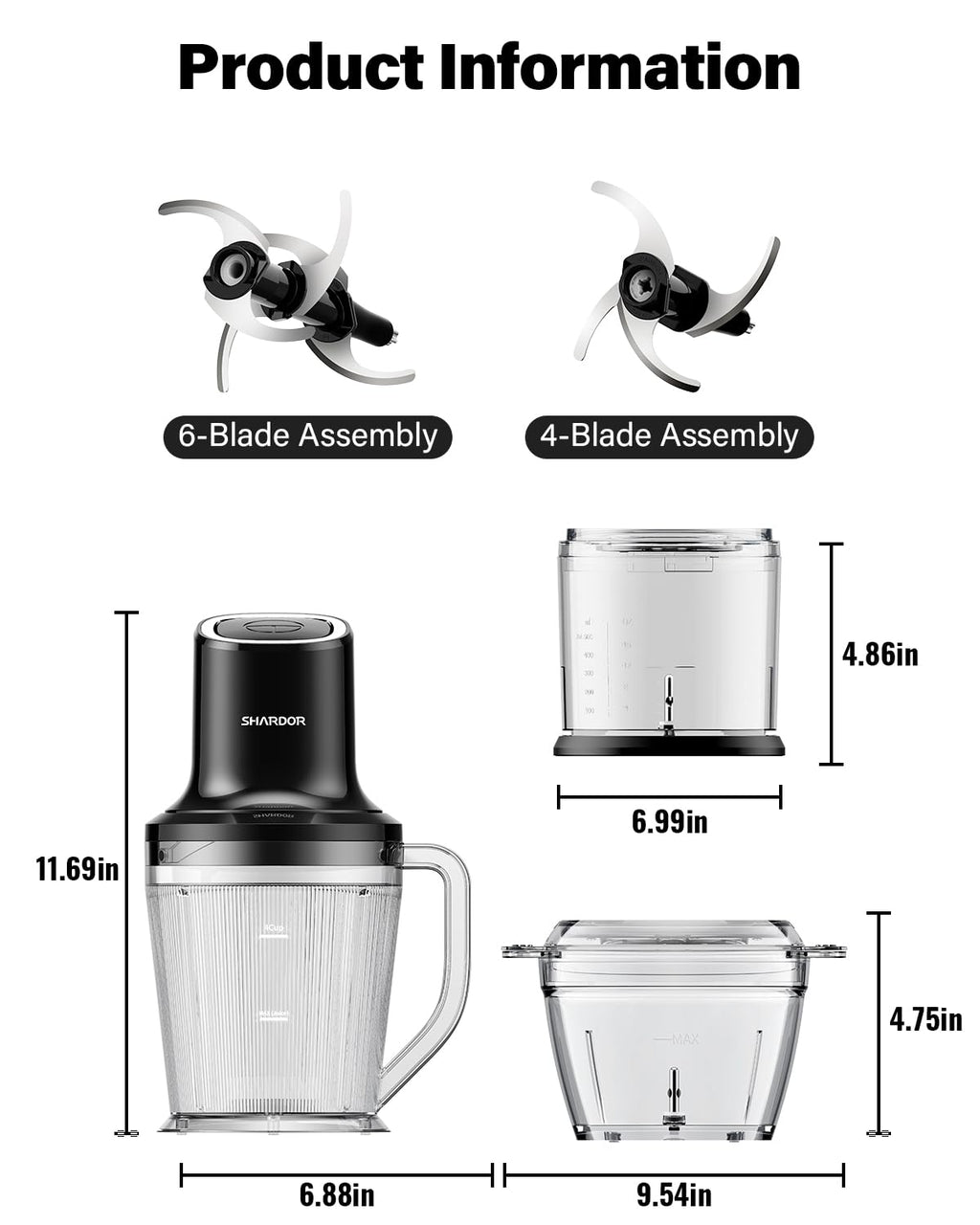SHARDOR 3-in-1 Small Food Processor/Blender, 400W Powerful Food Chopper with 6-Cup Jar, 4-Cup Processor Bowl & 2-Cup Chopper Bowl, for Food Prep, Smoothies and Milkshakes