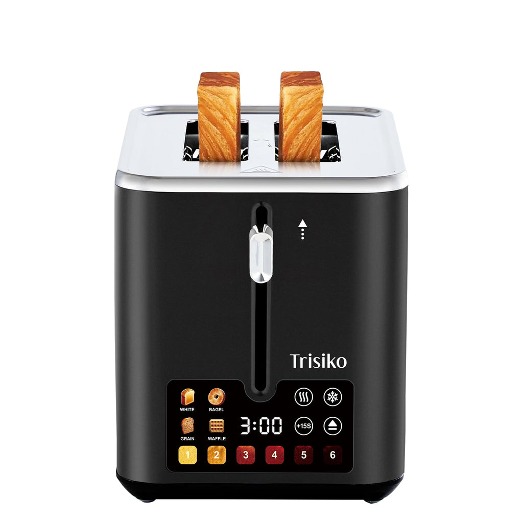 Trisiko Touch Screen Electric Toaster 2 Slice, Stainless Steel Smart Toaster with Digital Timer, 1.38" Extra-Wide Slots for Bread& Bagel, Great for Home, Office,Dorm (Black)