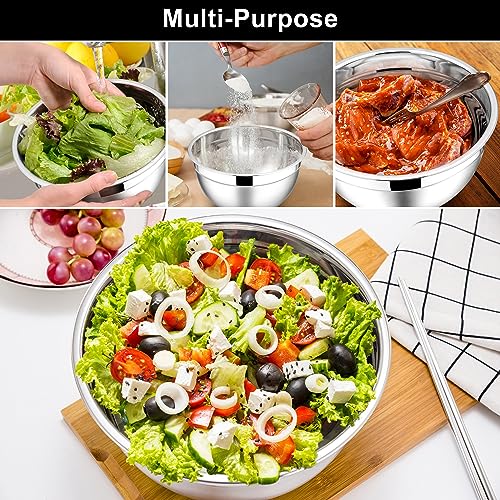 E-far Mixing Bowls with Lids, 6-Piece Stainless Steel Salad Bowls Metal Nesting Bowls for Baking Cooking and Prepping, Airtight Lids & Stackable Design, Size 4.5, 3, 1.5 QT (Black)
