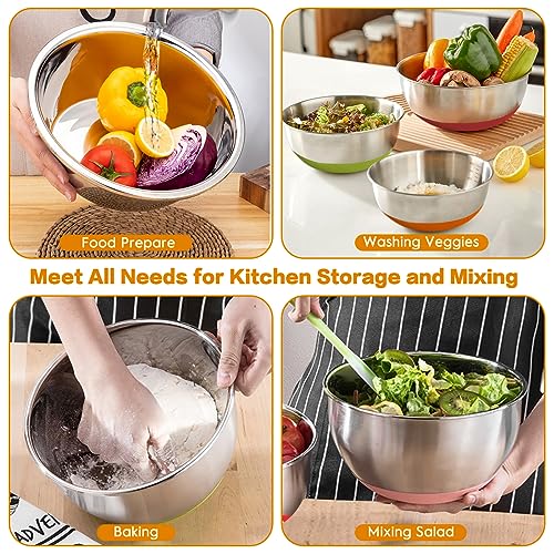 CHAREADA Mixing Bowls with Airtight Lids, 18pcs Stainless Steel Nesting Mixing Bowls Set Non-slip Silicone Bottom, Size 4.5, 3.6, 2.7, 2.1, 1.7, 1.1, 0.7 qt, Fit for Mixing & Serving(Colorful)