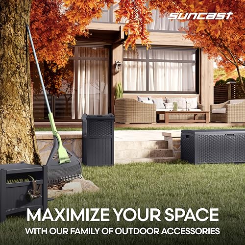 Suncast 33 Gallon Wicker-Style Hideaway Trash Can with Secure Latching Lid and Weather-Resistant Construction for Patio, Cyberspace Grey, Made in the USA