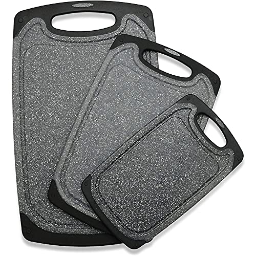 Viretang Plastic Cutting Boards Set of 3 for Kitchen, Thick Chopping Board with Deep Juice Grooves, Non‑Slip Feet, Easy Grip Handle, BPA Free, Dishwasher Safe,Black