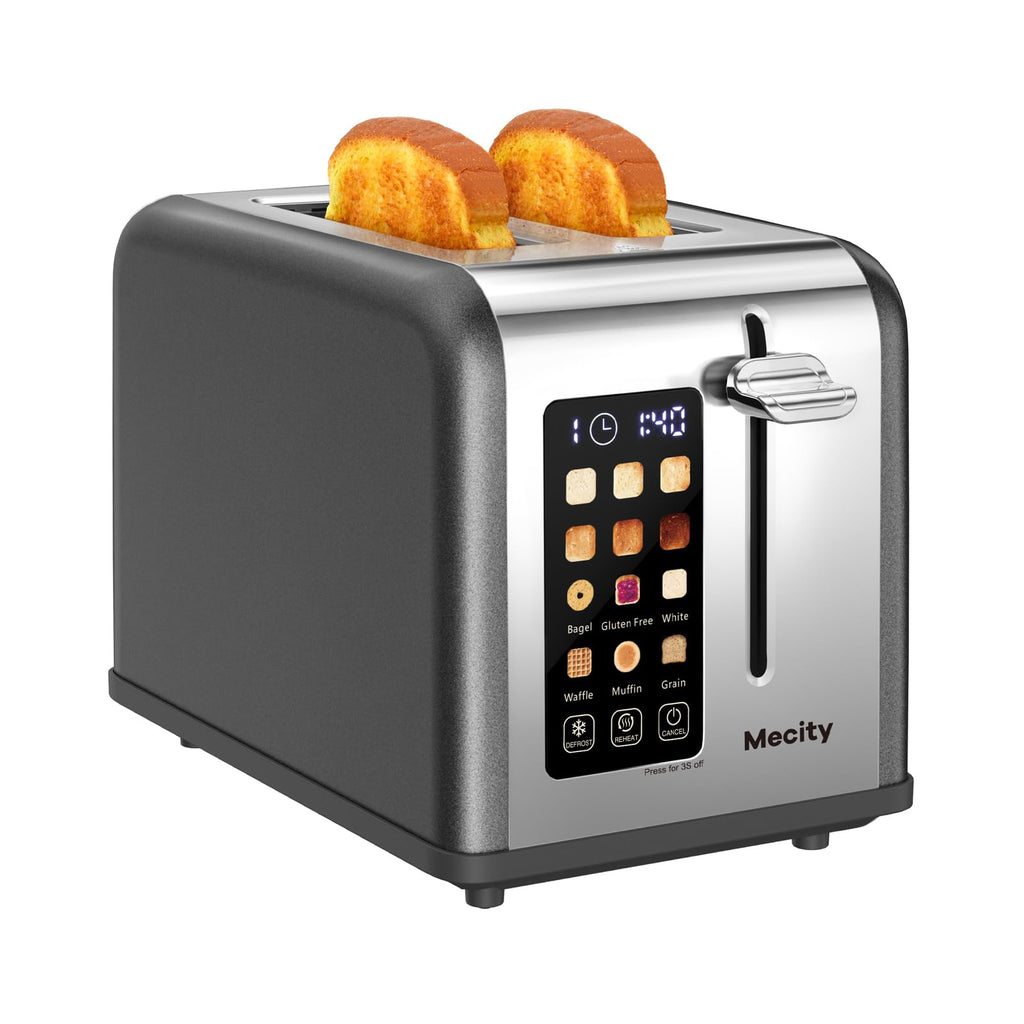 Mecity 2 Slice Touch Screen Toaster, 1.5" Wide Slot, Stainless Steel Smart Toaster for Bagels, Muffins, Waffles, Gluten-Free Breads, Defrost, Reheat, Timer, 120V 825W, Grey Pearl