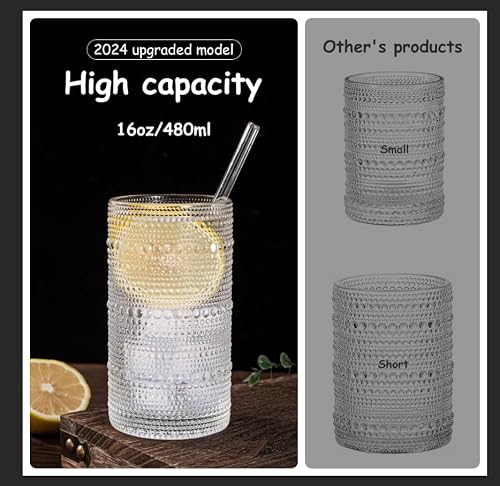 Dingerjar Upgraded Large Capacity 16 oz/480 ml Hobnail Glasses Drinking Set of 12 - Heavy Vintage Glassware