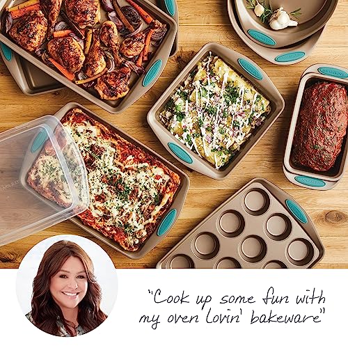 Rachael Ray 47578 Cucina Nonstick Bakeware Set with Grips Includes Nonstick Bread Pan, Baking Sheet, Cookie Sheet, Baking Pans, Cake Pan and Muffin Pan - 10 Piece, Latte Brown with Agave Blue Grips