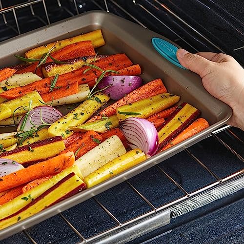 Rachael Ray 47578 Cucina Nonstick Bakeware Set with Grips Includes Nonstick Bread Pan, Baking Sheet, Cookie Sheet, Baking Pans, Cake Pan and Muffin Pan - 10 Piece, Latte Brown with Agave Blue Grips
