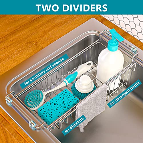 FavoThings Over the Sink Caddy, Expandable Stainless Steel Sponge Holder for Kitchen Sink, 14.5-22 in Sink Organizer Rack for Sponge, Soap, Brush, Dish Cloth and Rag, Rust-Resistant Drying Holder