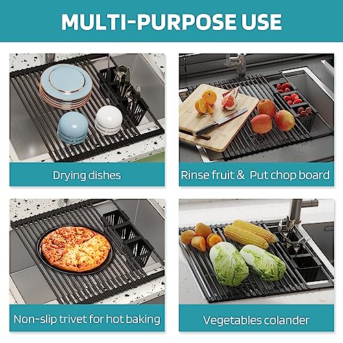 Roll Up Dish Drying Rack, Silicone Wrapped Over The Sink Multipurpose Foldable Dish Drainer Anti-Slip Dish Racks for Kitchen Counter, Sink Drying Rack Cover with Utensil Holder (Black, 17.3" x 17.6")
