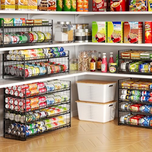 2-Pack Stackable Can Organizer for Pantry Shelf, Adjustable Extra-Long Rolling Can Rack for Kitchen Cupboard Storage, Sturdy Standing Can Holder for Canned Food Goods Soda up to 100, 2 Tier, Black
