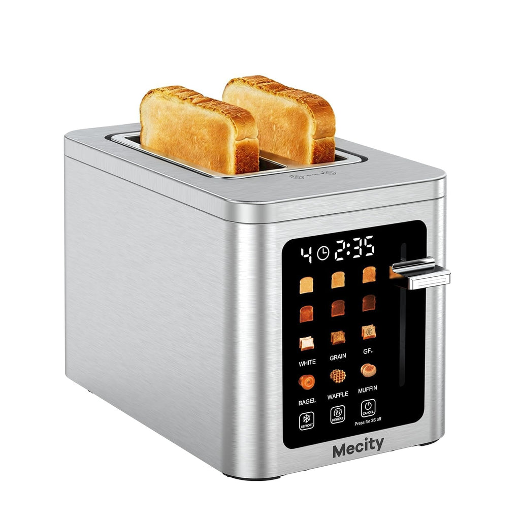 Mecity 2 Slice Toaster Smart Touchscreen, Stainless Steel Wide Slot Toasters Defrost, Reheat, Memory Function, Auto Shutoff, Digital Electric Bread Toaster for Bagel Muffin Waffle, 120V