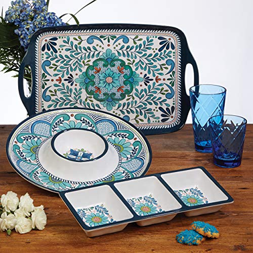 Talavera 3-Piece Melamine Hostess Serveware Set – Chip & Dip Server, 3-Section Relish Tray, and 19" Rectangular Platter – Colorful Southwest Serving Set for Entertaining & Outdoor Dining