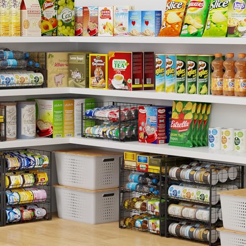 3-Pack Stackable Can Rack Organizer for Pantry, Adjustable Can Holder for Various Ounce of Cans up to 90, Rolling Can Dispenser for Canned Food Soup Goods Storage in Kitchen Cabniet, 2 Tier, Black