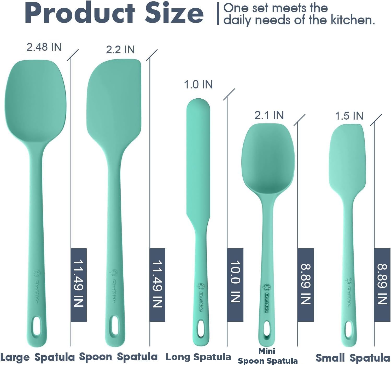 ChefAide 5 Pieces Silicone Spatula Set, Food Grade Rubber Spatula, Upgrade Strong Handle with Ergonomic Grip, Heat Resistant Up to 600°F for Nonstick Cookware, Cooking