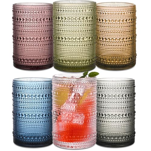 JPPSUJJ Colored Hobnail Drinking Glasses Set of 6, 15 oz Vintage Highball Glasses, Drinkware Kitchen Glasses for Cocktail, Iced Coffee, Beer, Ice Tea, Wine, Whiskey, Water