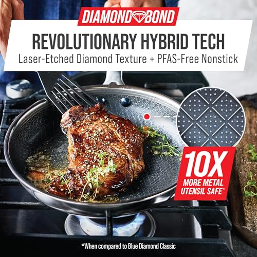 Blue Diamond Hybrid Nonstick Stainless Steel 8” & 10” Frying Pan Skillet Set, PFAS-Free Ceramic Diamond Bond Searing, Egg & Omelet Pan, Dishwasher Safe, Stay-Cool Handle, Induction Ready, All Cooktops