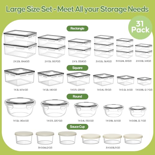62 PCS Large Food Storage Containers with Lids Airtight (31 Lids & 31 Containers)- 85 OZ Reusable Plastic Leakproof Meal-Prep Container for Kitchen Storage Organization Microwave/Dishwasher Safe - My Kitchen Products