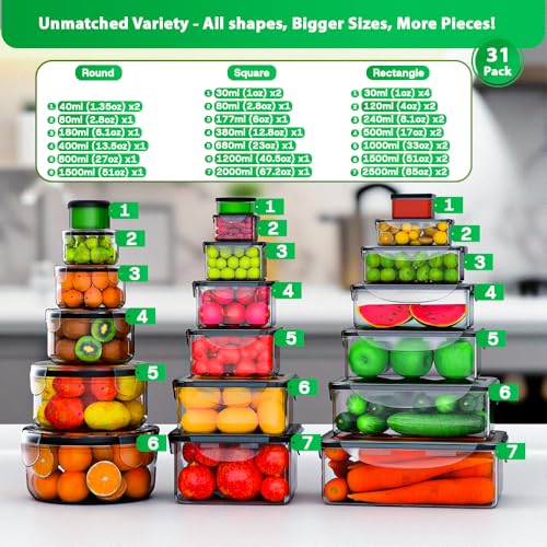 62 Pcs Large Food Storage Containers with Lids Airtight,Total 656OZ(31 Containers &31 Lids), Reusable BPA-Free Plastic Food Container for Kitchen Organization, Leakproof Meal-Prep Containers for Lunch - My Kitchen Products