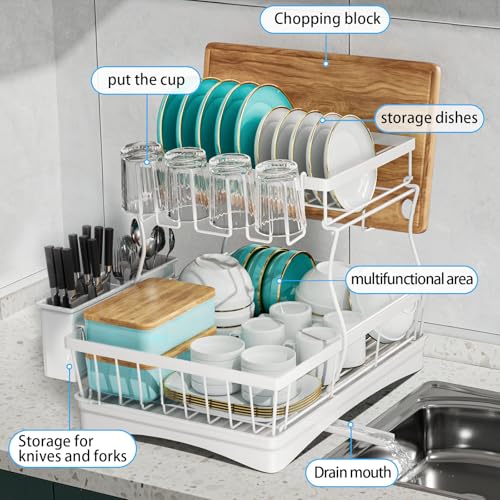 7 code Large Dish Drying Rack, 2-Tier Dish Racks for Kitchen Counter, Detachable Large Capacity Dish Drainer Organizer with Utensil Holder, Dish Drying Rack with Drain Board, White - My Kitchen Products