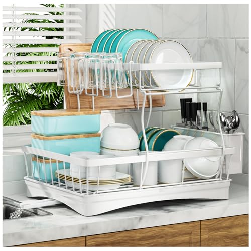 7 code Large Dish Drying Rack, 2-Tier Dish Racks for Kitchen Counter, Detachable Large Capacity Dish Drainer Organizer with Utensil Holder, Dish Drying Rack with Drain Board, White - My Kitchen Products