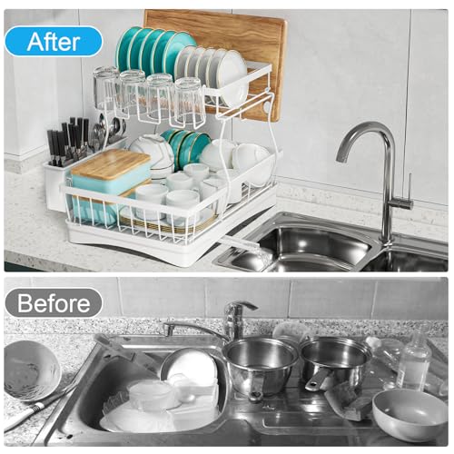7 code Large Dish Drying Rack, 2-Tier Dish Racks for Kitchen Counter, Detachable Large Capacity Dish Drainer Organizer with Utensil Holder, Dish Drying Rack with Drain Board, White - My Kitchen Products