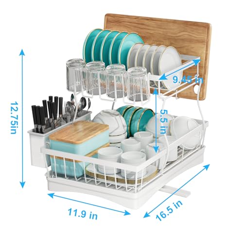 7 code Large Dish Drying Rack, 2-Tier Dish Racks for Kitchen Counter, Detachable Large Capacity Dish Drainer Organizer with Utensil Holder, Dish Drying Rack with Drain Board, White - My Kitchen Products