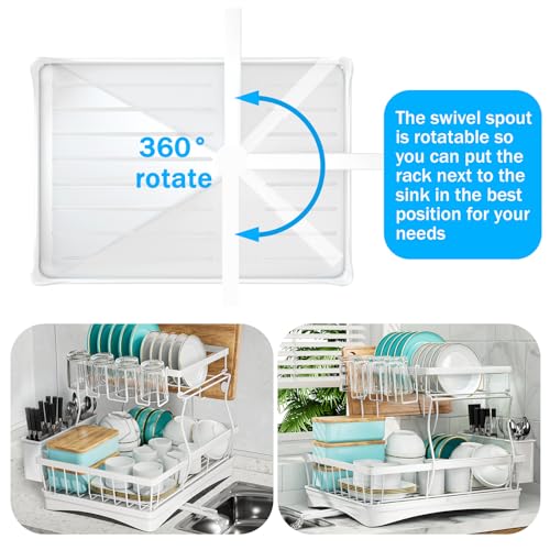 7 code Large Dish Drying Rack, 2-Tier Dish Racks for Kitchen Counter, Detachable Large Capacity Dish Drainer Organizer with Utensil Holder, Dish Drying Rack with Drain Board, White - My Kitchen Products