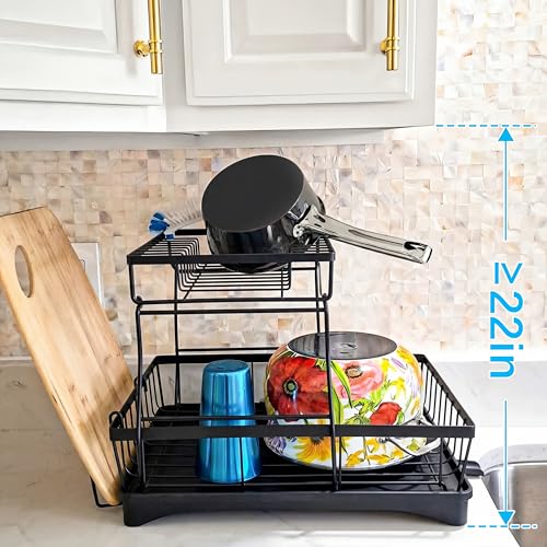 7 code Large Dish Drying Rack for Kitchen Counter, Detachable Large Capacity Dish Drainer Organizer, 2-Tier Dish Racks with Utensil Holder, Black - My Kitchen Products
