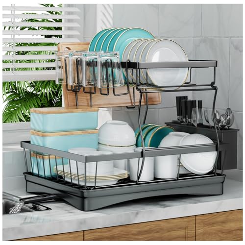 7 code Large Dish Drying Rack for Kitchen Counter, Detachable Large Capacity Dish Drainer Organizer, 2-Tier Dish Racks with Utensil Holder, Black - My Kitchen Products