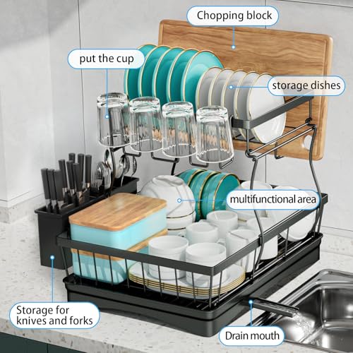 7 code Large Dish Drying Rack for Kitchen Counter, Detachable Large Capacity Dish Drainer Organizer, 2-Tier Dish Racks with Utensil Holder, Black - My Kitchen Products