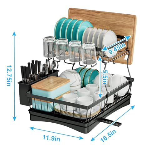 7 code Large Dish Drying Rack for Kitchen Counter, Detachable Large Capacity Dish Drainer Organizer, 2-Tier Dish Racks with Utensil Holder, Black - My Kitchen Products