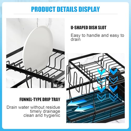 7 code Large Dish Drying Rack for Kitchen Counter, Detachable Large Capacity Dish Drainer Organizer, 2-Tier Dish Racks with Utensil Holder, Black - My Kitchen Products