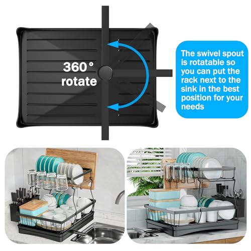 7 code Large Dish Drying Rack for Kitchen Counter, Detachable Large Capacity Dish Drainer Organizer, 2-Tier Dish Racks with Utensil Holder, Black - My Kitchen Products
