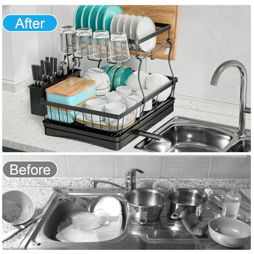 7 code Large Dish Drying Rack for Kitchen Counter, Detachable Large Capacity Dish Drainer Organizer, 2-Tier Dish Racks with Utensil Holder, Black - My Kitchen Products