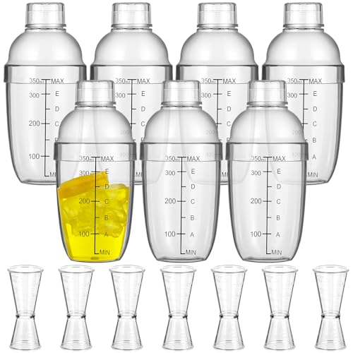 7 Pcs Plastic Cocktail Shaker Set Drink Mixer with Mark Clear Drink Cocktail Shaker and Measuring Jigger Set Ounce Cup Clear