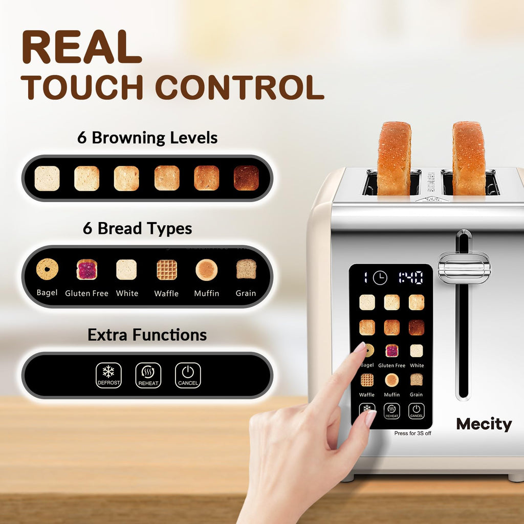 Mecity 2 Slice Touch Screen Toaster, 1.5" Wide Slot, Stainless Steel Smart Toaster for Bagels, Muffins, Waffles, Gluten-Free Breads, Defrost, Reheat, Timer, 120V 825W, Cream Color