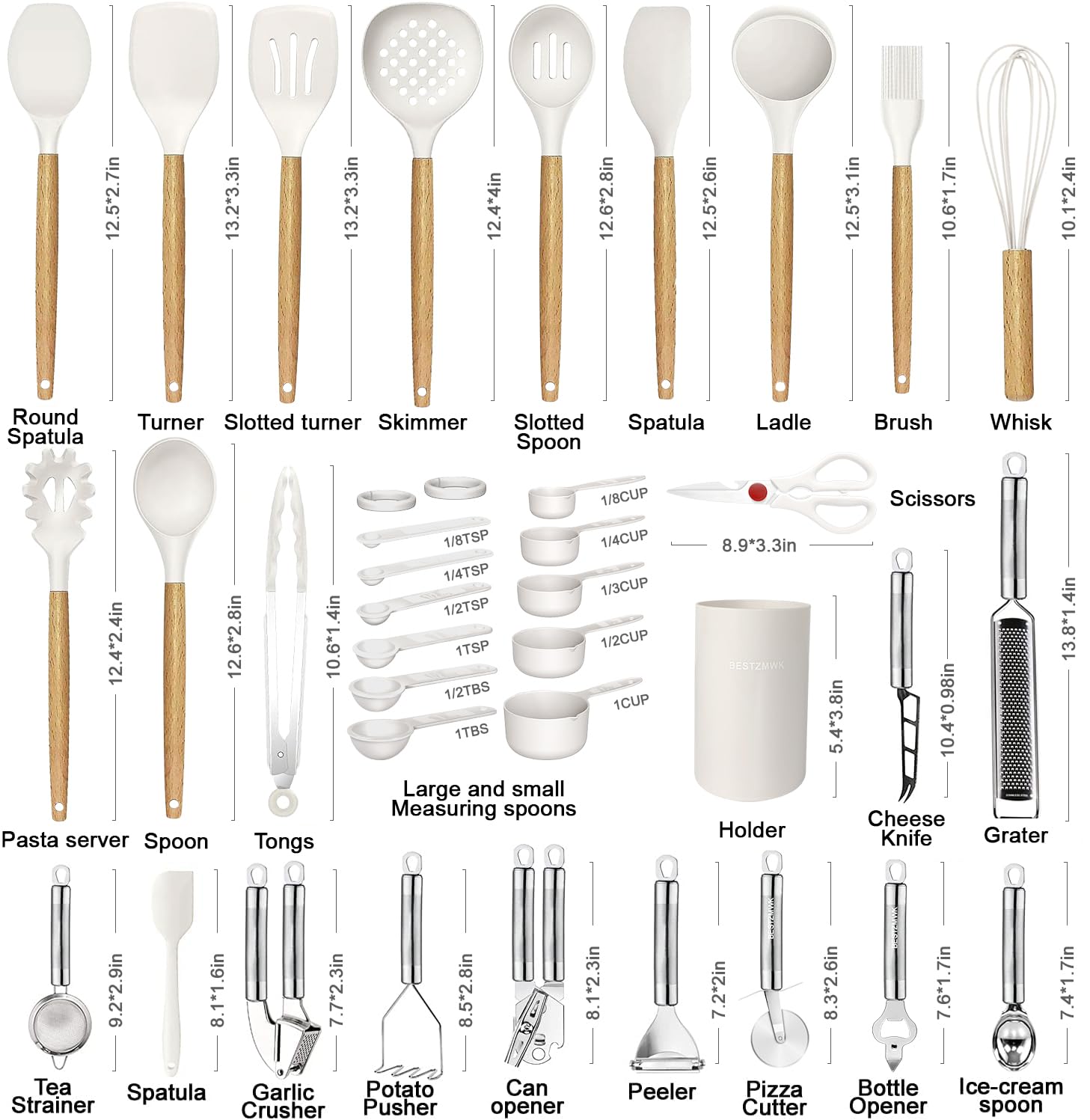 Cooking Utensils Set- 35 PCs Kitchen Utensils with Grater,Tongs, Spoon Spatula &Turner Made of Heat Resistant Food Grade Silicone and Wooden Handles Kitchen Gadgets Tools Set for Cookware
