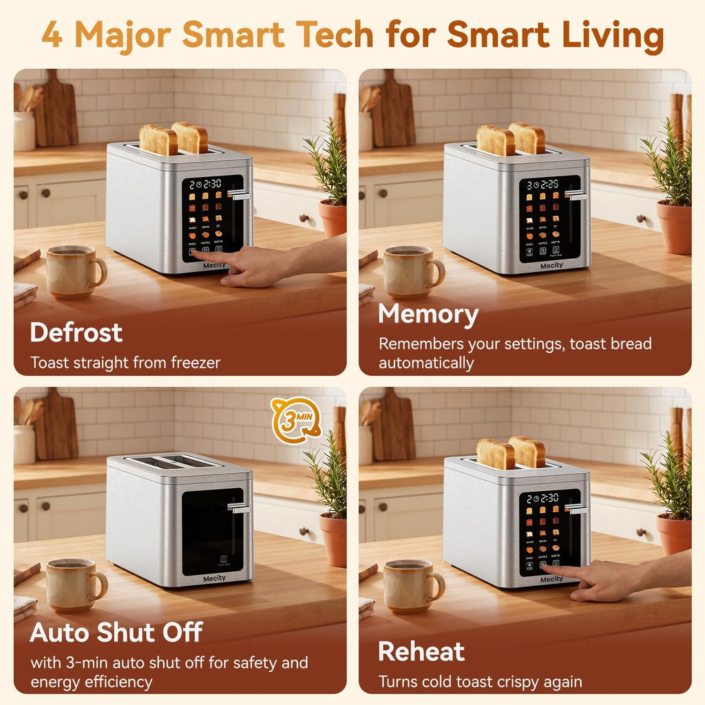 Mecity 2 Slice Toaster Smart Touchscreen, Stainless Steel Wide Slot Toasters Defrost, Reheat, Memory Function, Auto Shutoff, Digital Electric Bread Toaster for Bagel Muffin Waffle, 120V