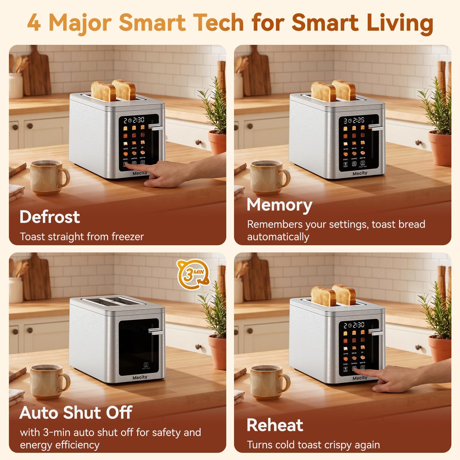 Mecity 2 Slice Toaster Smart Touchscreen, Stainless Steel Wide Slot Toasters Defrost, Reheat, Memory Function, Auto Shutoff, Digital Electric Bread Toaster for Bagel Muffin Waffle, 120V