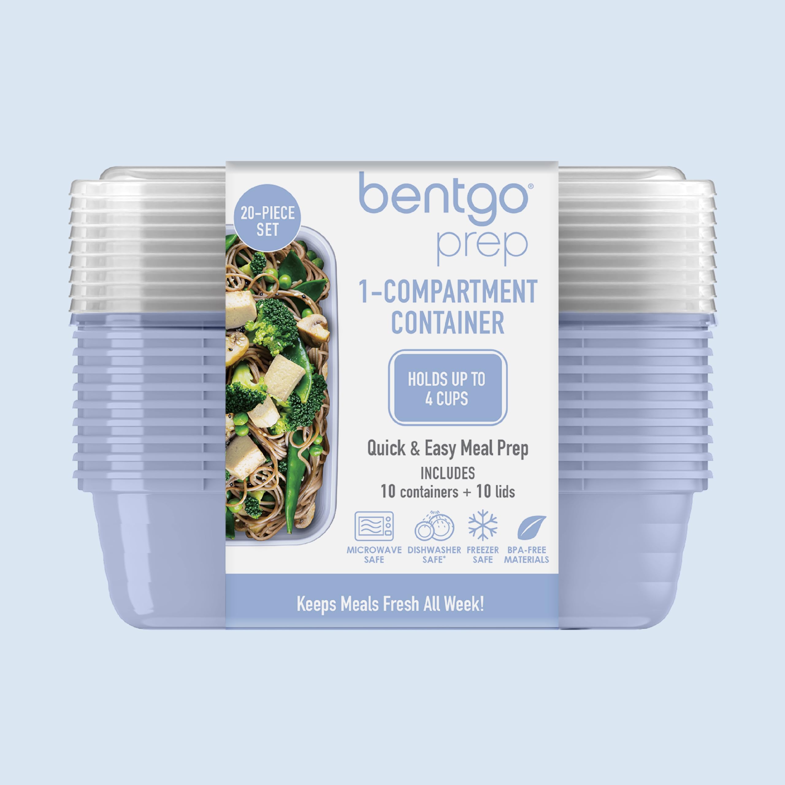 Bentgo Prep - 20-Piece 1-Compartment Reusable Meal Prep Containers with Lids, PFAS & BPA Free Materials, Durable, Microwave, Freezer, & Dishwasher Safe To Go Food Storage (Periwinkle)