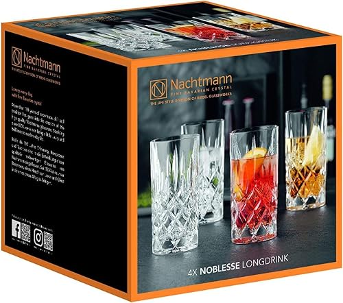 Nachtmann Noblesse 13 oz Crystal Glass Long Drink, Set of 4 – 6" Cut Crystal Lead-Free Highball Glasses for Cocktails, Sparkling Drinks & Beverages – Machine-Made Barware for Tabletop Use
