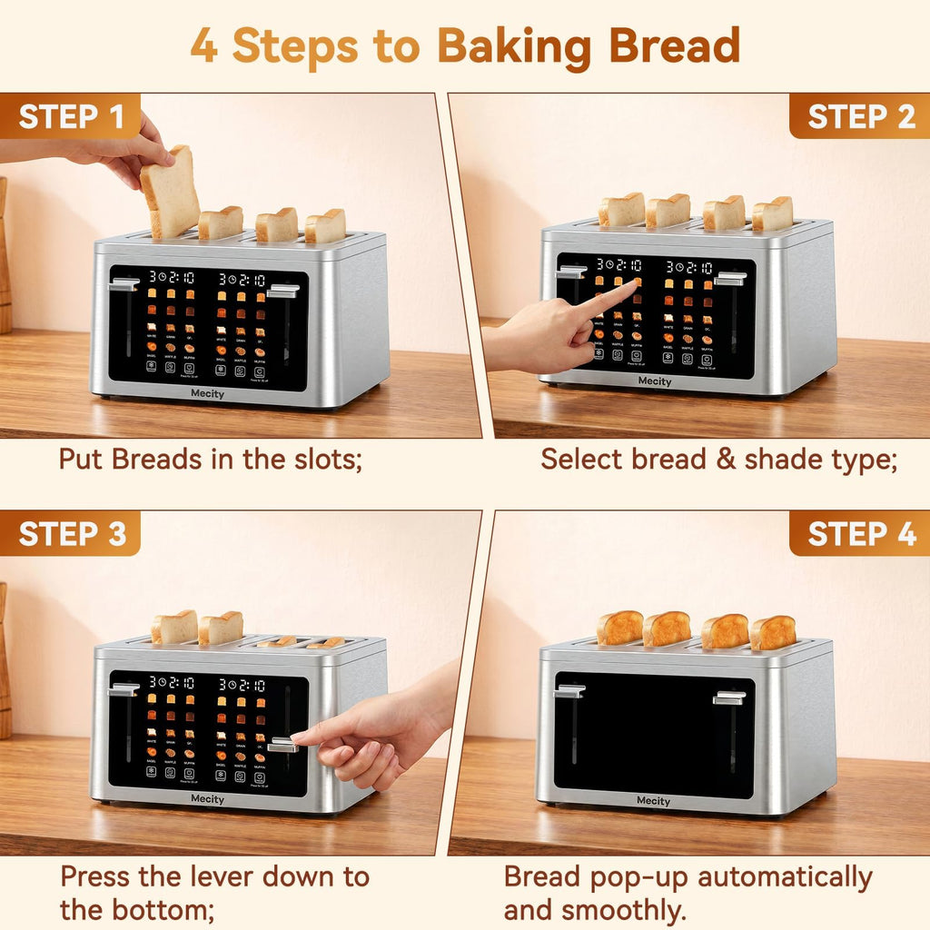 Mecity 4 Slice Touchscreen Toaster, 6 Bread Modes & 6 Browning Levels, Dual Touch Control Wide Slot Stainless Steel Electric Toaster with Memory, Defrost, 3-Min Auto Shutoff for White, Bagels, Waffles